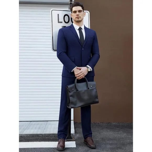 Men's Navy Single Breasted Peak Lapel 2 Piece Two Button Blazer Wedding - Picture 2 of 7